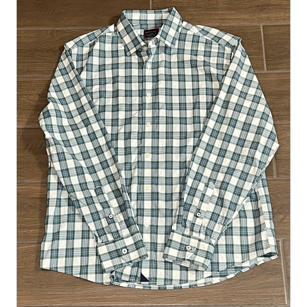 UnTuckit Men's Goutte Dor Plaid Green White  Long Sleeve Button Down Shirt Large